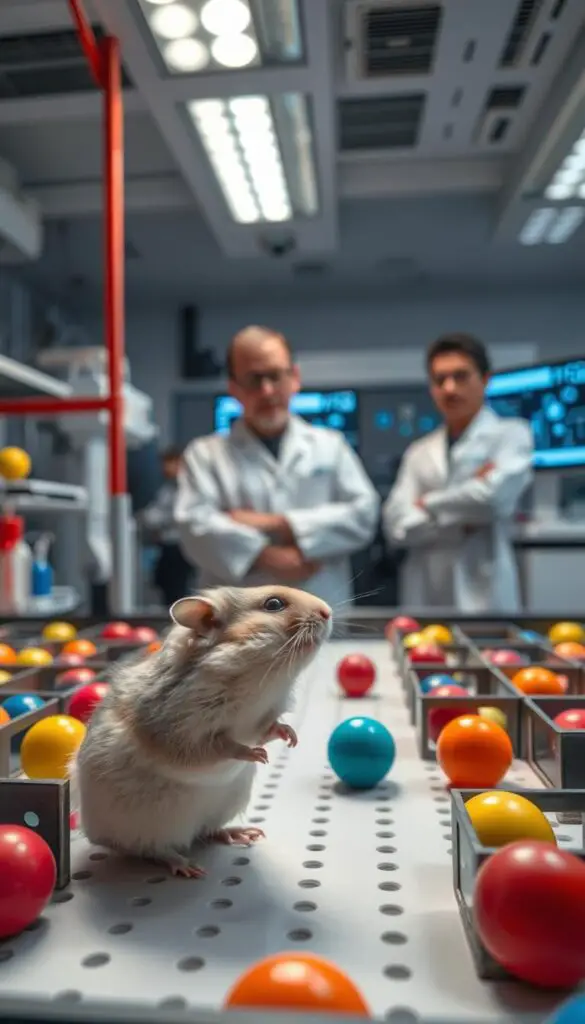 A meticulously designed laboratory setup with a small, inquisitive hamster undergoing color vision research. The hamster is positioned in the foreground, its whiskers twitching as it explores a maze-like apparatus filled with various colored objects. Soft, diffused lighting from overhead illuminates the scene, casting gentle shadows and highlighting the hamster's soft, fluffy fur. In the middle ground, scientists in white lab coats observe the hamster's behavior, their expressions focused and attentive. The background features a clean, sterile environment with clinical equipment and monitors displaying data, conveying the scientific rigor of the experiment. The overall atmosphere is one of scientific curiosity and discovery, inviting the viewer to explore the intricacies of hamster color vision.