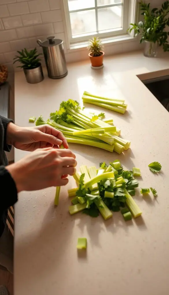 A neatly arranged kitchen counter, basked in soft, warm lighting. On the surface, freshly washed celery stalks are carefully being trimmed, with the leaves carefully preserved. A pair of gentle hands, belonging to a person focused on the task, delicately separate the stalks, ensuring each piece is perfectly prepared for a group of eager guinea pigs. The counter is adorned with a few decorative elements, such as a potted plant or a small vase, adding a touch of charm to the scene. The overall atmosphere is one of quiet care and attention, capturing the essence of the "Proper Preparation and Serving Techniques" for safely feeding celery to guinea pigs.