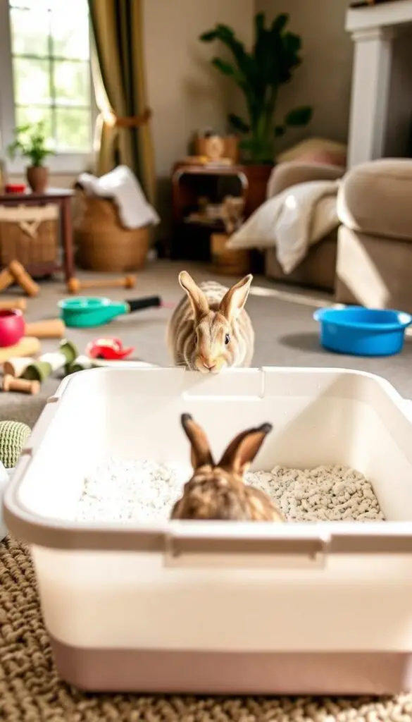 A neatly organized litter box sits in the foreground, surrounded by various rabbit accessories like chew toys and a water bowl. In the middle ground, a curious rabbit inspects the litter-filled box, its head tilted inquisitively. The background showcases a cozy, well-lit living space, with natural light streaming in through a window, creating a warm and inviting atmosphere. The image conveys the step-by-step process of litter training a rabbit, highlighting the key elements and the rabbit's natural curiosity, conveying the practical information needed for this task.