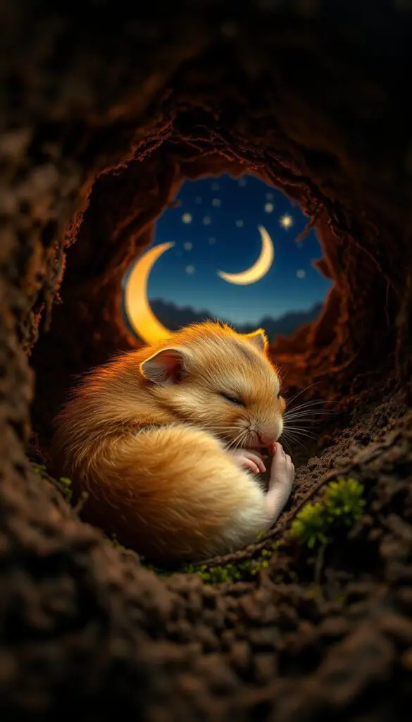 A nocturnal hamster nestled in a cozy burrow, its tiny body curled up in a ball as it sleeps. Soft, ambient lighting filters in through the entrance, casting a warm glow on its golden-brown fur. The burrow's walls are made of packed earth, with delicate roots and moss adding texture. In the background, a nighttime landscape can be seen through the burrow's opening, with a crescent moon and twinkling stars illuminating the scene. The hamster's whiskers twitch occasionally as it dreams, its peaceful slumber a testament to its nocturnal habits.