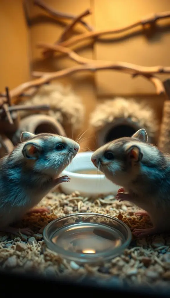 A pair of dwarf hamsters engaged in territorial behavior, their tiny bodies poised and alert, whiskers twitching as they square off in a dimly lit habitat. The foreground captures the intense focus and subtle movements of the animals, their round eyes and plush fur illuminated by soft, warm lighting that casts dramatic shadows. In the middle ground, the habitat is detailed with natural elements like wooden branches, hay-filled nests, and a shallow water dish, creating a cozy, naturalistic setting. The background fades into a soft, blurred blur, emphasizing the central interaction and the inherent conflict within dwarf hamster social dynamics.