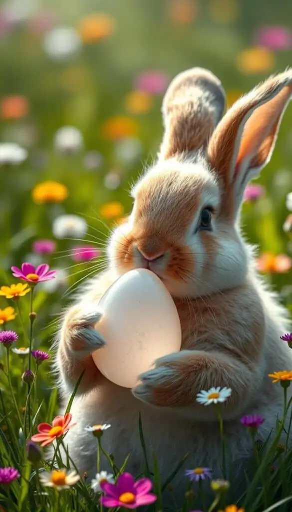A serene, naturalistic scene depicting an Easter bunny gently cradling a delicate, translucent egg in its paws. The bunny's fur is meticulously rendered, capturing its soft, plush texture. The egg's surface reflects the surrounding environment, hinting at the myth of rabbits being born from eggs. Soft, diffused lighting illuminates the scene, creating a sense of mystery and wonder. The background features a lush, verdant meadow with vibrant wildflowers, gently swaying in a light breeze. The overall composition evokes a sense of tranquility and invites the viewer to ponder the origins and nature of the Easter bunny myth.
