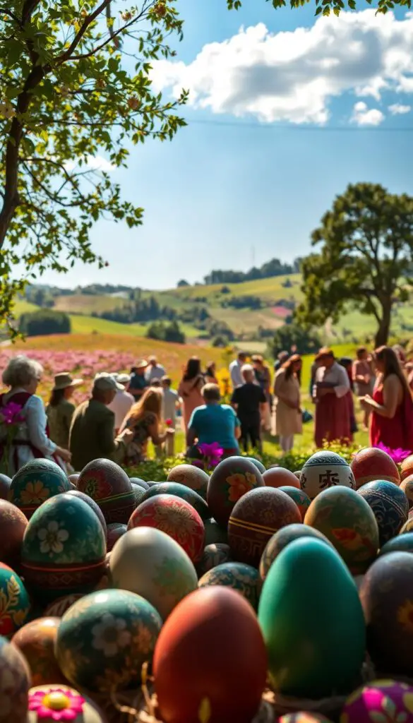 A serene, sun-dappled scene of a global array of celebratory egg traditions. In the foreground, a collection of ornately decorated eggs in diverse cultural styles - Ukrainian pysanky, Chinese jade-carved eggs, Indian rangoli-inspired designs, and more. In the middle ground, a gathering of people from various backgrounds, sharing stories and rituals around these symbolic objects. In the background, a lush, verdant landscape with rolling hills, blooming flowers, and a clear blue sky, creating a sense of harmony and interconnectedness. Warm, soft lighting bathes the entire composition, evoking a mood of reverence and wonder.