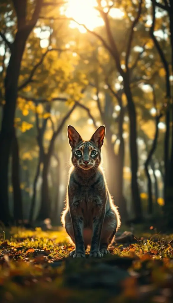 A serene woodland setting, bathed in warm, golden sunlight filtering through the lush canopy of ancient trees. In the foreground, a majestic hybrid creature emerges, its feline grace and rabbit-like features blending seamlessly. The cabbit, a mythical being, stands tall and regal, its piercing gaze commanding attention. In the middle ground, a mystic aura surrounds the creature, hinting at its supernatural origins. The background fades into a dreamy, ethereal landscape, suggesting the cabbit's connection to the realm of legend and folklore. Elegant, precise camera framing and a cinematic depth of field create a sense of wonder and enchantment, inviting the viewer to ponder the origins and nature of this captivating hybrid.