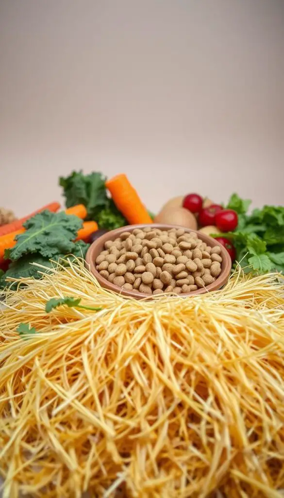 A still life arrangement showcasing the essential components of a guinea pig's diet. In the foreground, a pile of fresh timothy hay, its golden hues and delicate textures captured in crisp detail. Surrounding the hay, an assortment of nutritious vegetables and fruits, such as carrot slices, kale leaves, and a few fresh berries, arranged with care. In the middle ground, a shallow ceramic bowl filled with a blend of high-quality guinea pig pellets, their uniform kibble shape and earthy tones contrasting with the organic produce. The background features a simple, neutral-toned backdrop, allowing the vibrant colors and natural elements to take center stage. Soft, diffused lighting illuminates the scene, creating a warm and inviting atmosphere that emphasizes the importance of a balanced, hay-centric diet for the well-being of these beloved pocket pets.