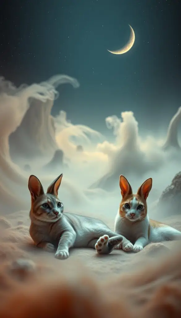 A surreal and fantastical scene of cabbits, the mythical hybrid creatures said to be a cross between cats and rabbits. In the foreground, a trio of cabbits lounge playfully, their feline features blended seamlessly with rabbit-like ears and paws. The middle ground showcases a hazy, dreamlike landscape, with swirling mists and abstract, otherworldly shapes. In the background, a starry night sky, illuminated by a crescent moon, sets the scene for this enchanting, enigmatic tableau. Diffuse, warm lighting casts a gentle glow, evoking a sense of wonder and whimsy. The overall atmosphere is one of imaginative, fanciful exploration, inviting the viewer to suspend disbelief and immerse themselves in the captivating world of cabbit mythology.