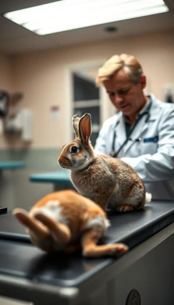 A veterinary clinic's examination room, dimly lit with soft, warm lighting. In the foreground, a pregnant rabbit lies on an examination table, its belly gently swollen. A veterinarian, dressed in a white lab coat, examines the rabbit with focused attention, using a stethoscope to monitor the heartbeat. The background is blurred, suggesting the tranquility and professionalism of the setting. The scene conveys a sense of care, expertise, and the delicate nature of rabbit pregnancy.