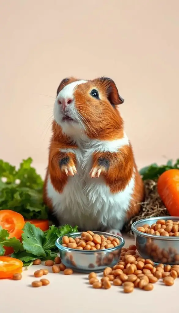 A vibrant, hyper-realistic illustration of a guinea pig's nutritional needs. In the foreground, an adorable guinea pig sitting upright, surrounded by a carefully curated selection of its dietary staples - fresh leafy greens, sliced carrots, timothy hay, and a small bowl of pellets. The lighting is soft and natural, accentuating the guinea pig's fur and the textures of the food items. In the middle ground, a neutral-toned, minimalist background, allowing the subject to take center stage. The overall composition is visually striking, yet informative, conveying the essential nutritional requirements for a healthy, thriving guinea pig.