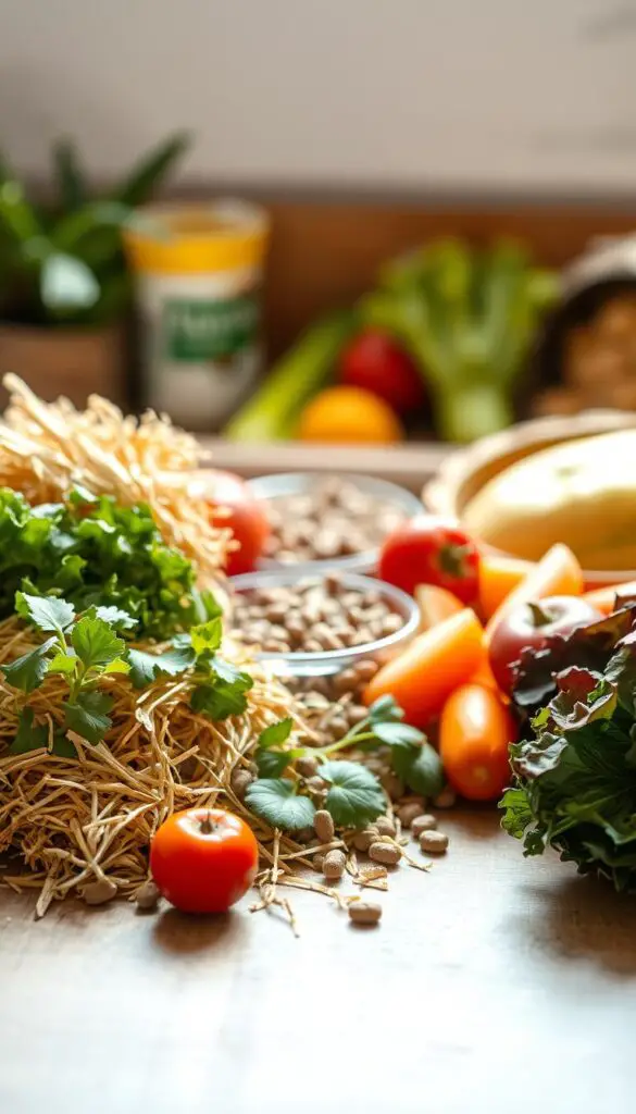 A vibrant still life showcasing the essential dietary elements for a thriving guinea pig. In the foreground, an array of crunchy hay, crisp leafy greens, and colorful fresh vegetables arranged with care. The middle ground features a selection of healthy pellets and a small water bowl, while the background subtly depicts a cozy, well-lit environment, hinting at the ideal conditions for a guinea pig's optimal nutrition and wellbeing. The lighting is soft and natural, capturing the warmth and richness of the scene. Captured with a shallow depth of field, drawing the viewer's attention to the nutritious spread before them.