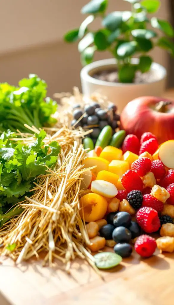 A visually appetizing assortment of nutritious guinea pig foods arranged on a wooden surface, bathed in warm, natural lighting. In the foreground, an array of fresh leafy greens, crisp vegetables, and crunchy hay stalks fan out, inviting the viewer to explore the diversity of a balanced cavy diet. The middle ground showcases a variety of vibrant, bite-sized fruits, from sweet berries to crunchy apple slices, while the background hints at a serene, earthy setting, perhaps with a potted plant or two, to create a soothing, organic atmosphere. The composition emphasizes the importance of providing a varied and wholesome menu to keep your guinea pig happy and healthy.