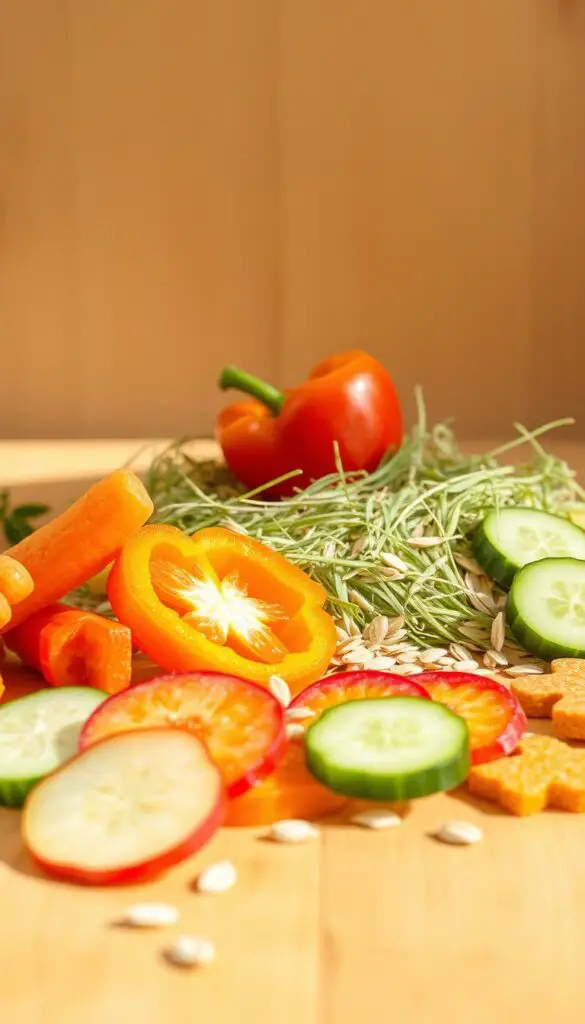 A visually appetizing assortment of wholesome, Guinea pig-safe treats arranged on a wooden surface, bathed in soft, natural lighting. In the foreground, an array of fresh slices of fruit and vegetables - carrot, apple, bell pepper, and cucumber - carefully positioned to showcase their vibrant colors and textures. In the middle ground, a scattering of Timothy hay and a few whole oats, symbolizing the nutritious, fiber-rich elements of a Guinea pig's diet. The background features a minimalist, earthy-toned backdrop, drawing focus to the delectable treats. The overall scene conveys a sense of wholesomeness, nutritional balance, and an inviting presentation for the discerning Guinea pig palate.