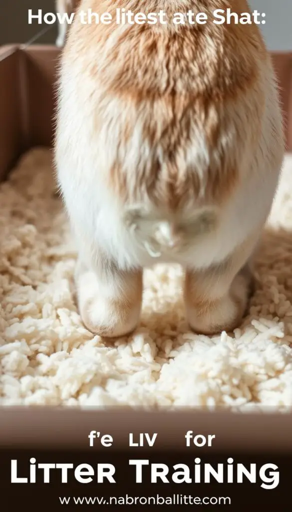A well-lit close-up of a rabbit's paws on a soft, clean litter box filled with fluffy, absorbent bedding. The rabbit's hindquarters are visible, showcasing its natural pose as it explores the litter tray. The scene exudes a calming, educational atmosphere, highlighting the fundamentals of litter training a rabbit. Subtle shadows and gentle highlights accentuate the rabbit's form, while the background is blurred, keeping the focus on the litter box and the rabbit's interaction with it.