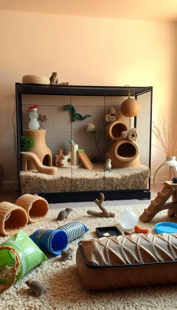 A well-lit, visually appealing cage setup for small pets, featuring a spacious enclosure with a natural-looking substrate, hiding spots, and various enrichment elements. The cage is positioned in a bright, airy room with warm, diffused lighting, creating a cozy and inviting atmosphere. In the foreground, a selection of customized habitat accessories, such as tunnels, ramps, and chew toys, are arranged to stimulate the pet's natural behaviors. The middle ground showcases the enclosure's clean, organized layout, with a water bottle, food dish, and other essential care items visible. In the background, a minimalist, natural-themed decor complements the scene, ensuring a harmonious and visually pleasing presentation.