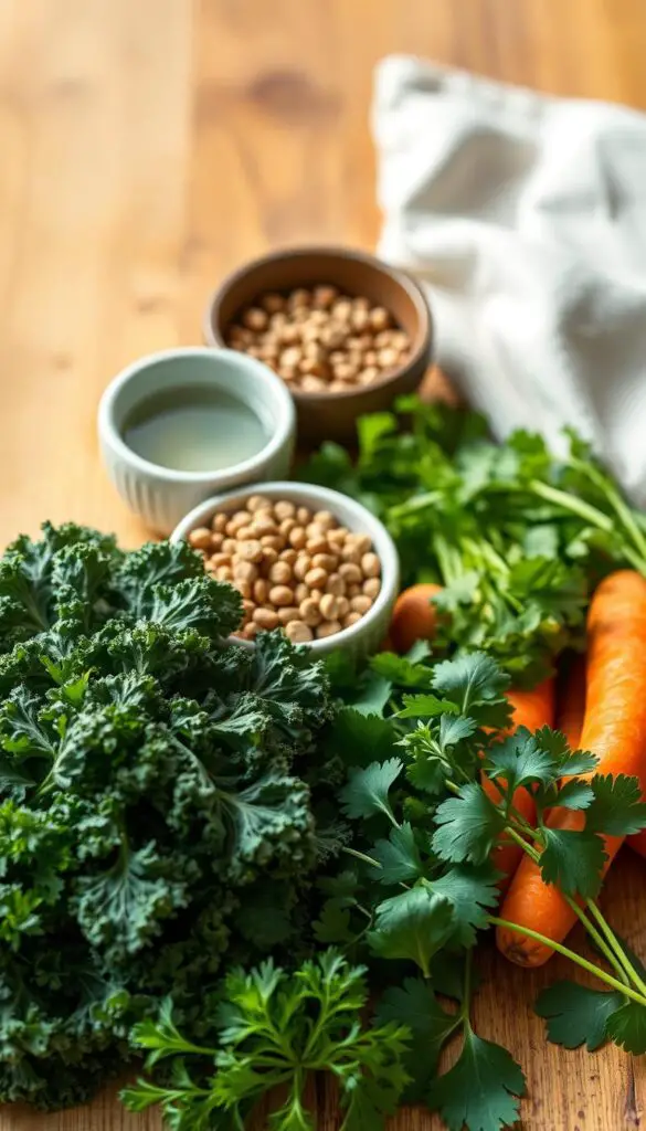 Detailed still life arrangement of essential guinea pig dietary elements in natural lighting. Foreground displays a selection of fresh, vibrant vegetables and herbs including kale, parsley, carrot, and cilantro. Middle ground features a ceramic bowl filled with guinea pig pellets and a small dish of fresh water. Background depicts a wooden table surface with a soft, natural cloth, conveying a cozy, homely atmosphere. Lighting is diffused and warm, highlighting the textures and colors of the ingredients. Camera angle is slightly elevated to provide a comprehensive view of the carefully curated setup, emphasizing the importance of a balanced, nutritious diet for a healthy guinea pig.