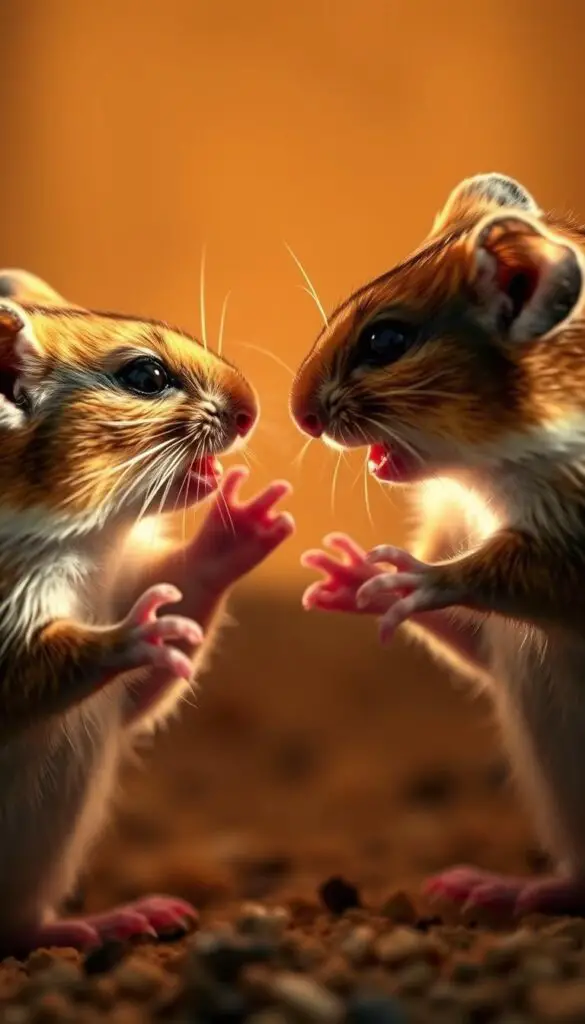 Dwarf hamster aggression research: A close-up view of two dwarf hamsters locked in a tense standoff, their tiny paws raised, teeth bared, eyes narrowed with intensity. The scene is captured in soft, warm lighting, casting dramatic shadows that accentuate the animals' fierce expressions. The background is blurred, drawing the viewer's focus to the captivating interaction between the diminutive rodents. The image conveys the complex social dynamics and potential for conflict within dwarf hamster communities, hinting at the nuanced research needed to understand their behavior.