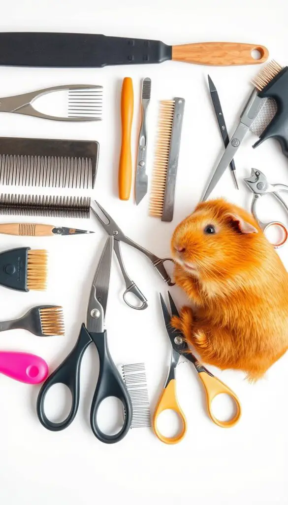 High-quality close-up studio shot of various guinea pig grooming tools arranged neatly on a clean, bright white background. Include a selection of combs, brushes, nail clippers, and scissors in a variety of sizes and materials, such as metal, plastic, and rubber. Ensure the tools are well-lit with soft, even lighting to showcase their details and textures. Capture the tools from a slight bird's-eye angle to provide a clear, unobstructed view. Convey a sense of organization and attention to detail, as if these are the essential tools for properly grooming a guinea pig.