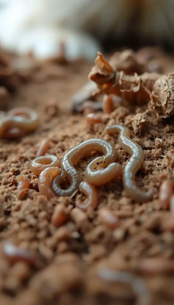 Parasites crawling through rabbit droppings, close-up view under natural lighting. Sharp focus on the slimy, wriggling worms and larvae burrowing through the dense, textured feces. Muted, earthy tones with a sense of gritty realism. Slight depth of field blur in the background, emphasizing the repulsive, yet fascinating details in the foreground. Crisp, high-resolution image captured with a macro lens, conveying the unpleasant yet crucial details needed to identify potential health risks from contaminated rabbit waste.