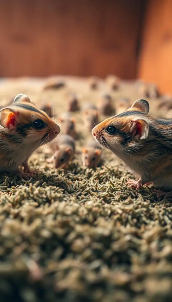 Rodent social dynamics, a captivating scene unfolds. In the foreground, two curious hamsters engage in playful interaction, their whiskers twitching as they explore one another. The middle ground reveals a group of mice, their tiny paws scurrying across the lush, textured terrain, weaving a intricate tapestry of social behavior. Soft, diffused lighting casts a warm glow, highlighting the delicate features and expressions of the rodents. The background ebbs and flows with a sense of tranquility, hinting at the complex social structures that govern these fascinating creatures. Captured through a wide-angle lens, the image offers a comprehensive view of the rodent social world, inviting the viewer to witness the subtle nuances of their interactions.