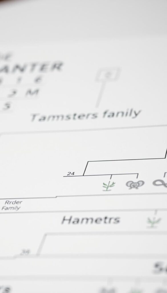 a close-up of a scientific classification chart, showcasing the taxonomic hierarchy of the rodent order, with the hamster family prominently displayed. The chart is rendered in a clean, minimalist style with crisp, high-contrast lines and text against a neutral off-white background. The foreground focuses on the classification levels, with the hamster's specific placement clearly visible. The middle ground provides additional context, featuring subtle botanical illustrations or icons representing the broader rodent order. The background subtly blurs, creating a sense of depth and emphasizing the central classification information. Soft, diffused lighting from above casts gentle shadows, enhancing the scientific and educational feel of the image.