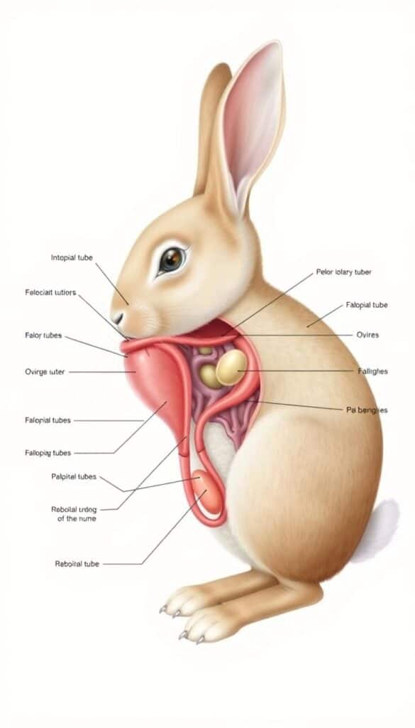 a detailed anatomical illustration of the reproductive system of a placental mammal rabbit, specifically focusing on the process of rabbit reproduction. the image shows the internal structures of the rabbit's uterus, ovaries, and fallopian tubes, with clear labels and callouts indicating the key parts involved in the reproductive cycle. the illustration is rendered in a realistic, scientific style with a neutral, educational tone, using a muted color palette and soft, natural lighting to create a sense of clinical objectivity. the angle and perspective of the image provide a clear, informative view of the rabbit's reproductive anatomy, allowing the viewer to easily understand the biological mechanisms underlying rabbit reproduction.