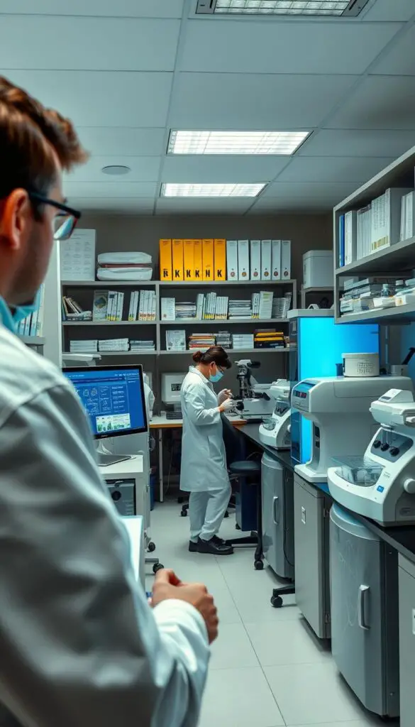 a detailed genetic analysis laboratory with advanced equipment, scientific instruments, and sample analysis displays. In the foreground, a scientist in a white lab coat is examining a computer screen displaying DNA sequences and genetic data. In the middle ground, lab technicians are pipetting samples and operating sophisticated analytical machines. The background features shelves of reference materials, scientific journals, and diagnostic charts. The lighting is bright and clinical, with a sense of focused intensity and precision. The overall atmosphere conveys a professional, high-tech environment dedicated to expert genetic research and discovery.