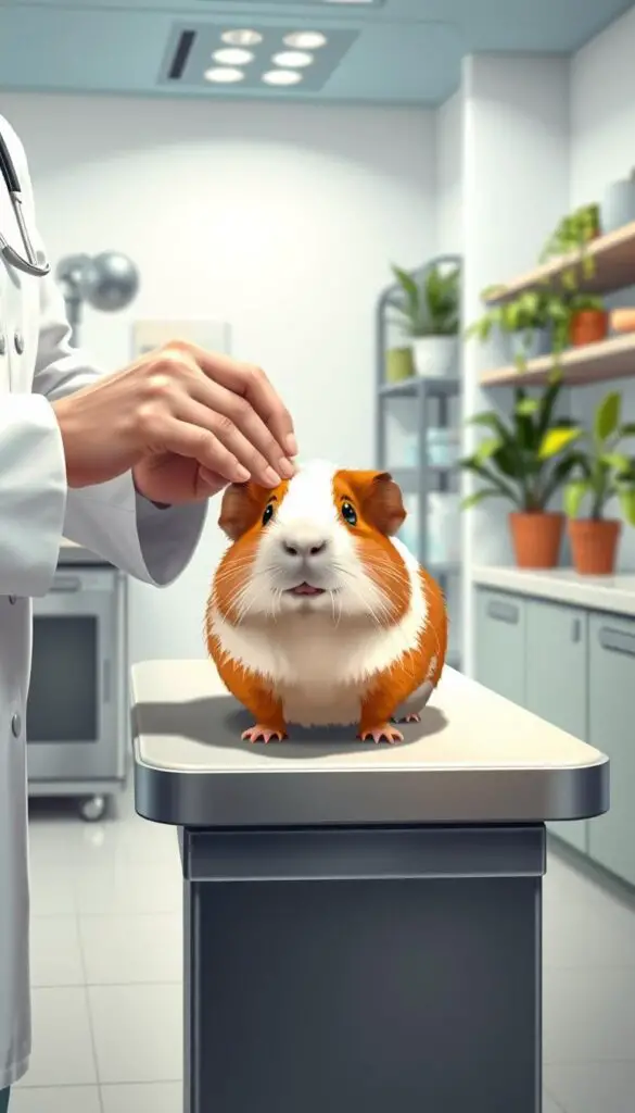 a detailed, high-quality digital illustration of a guinea pig health check, set in a modern veterinary clinic with clean, well-lit interiors. The guinea pig is positioned on an examination table, being carefully inspected by a veterinarian wearing a white lab coat. The vet's hands are gently examining the guinea pig, checking its teeth, coat, and overall condition. The guinea pig appears calm and relaxed, with a natural expression. The clinic features stainless steel medical equipment, shelves of supplies, and potted plants adding a sense of professionalism and care. Soft, directional lighting creates depth and highlights the scene's focus on the guinea pig's wellbeing and the vet's attentive examination.