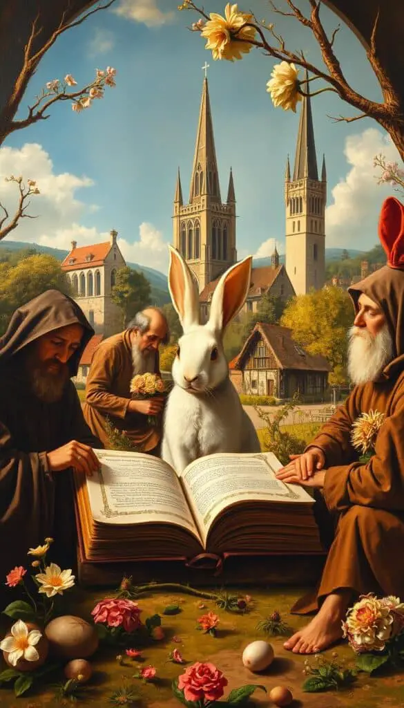 a detailed, historical oil painting depicting the origins of the Easter bunny, set in a medieval European landscape. The foreground shows a group of robed, medieval scholars examining a large, ornate tome, discussing the symbolic significance of the hare and its association with springtime fertility rituals. In the middle ground, a large, white rabbit sits upright, flanked by blooming flowers and foliage. The background depicts a quaint, rural village with thatched-roof cottages, a towering cathedral, and a clear, azure sky. The lighting is warm and golden, creating a sense of reverence and timelessness. The overall mood is one of scholarly contemplation and the enduring cultural legacy of this beloved Easter icon.