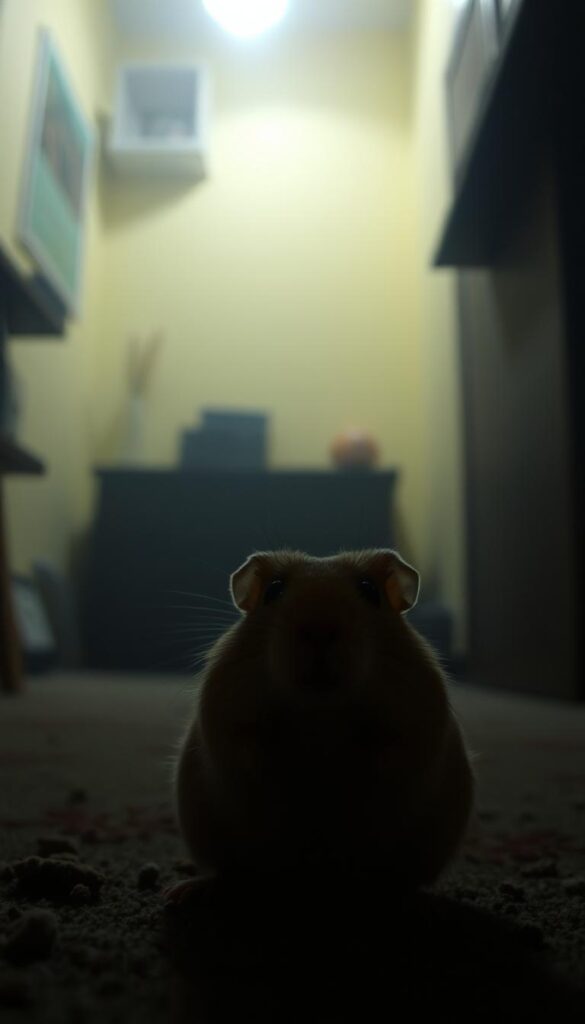 a dimly lit room, a hamster's eye view of the surroundings, capturing the muted colors and reduced details that a hamster would perceive in low light conditions. The scene should convey a sense of hazy, soft-focus atmosphere, with the hamster's field of vision slightly blurred at the edges. Subtle lighting should create shadows and highlights that accentuate the hamster's visual perception. The overall impression should be one of a hamster navigating its environment through a muted, slightly distorted lens.
