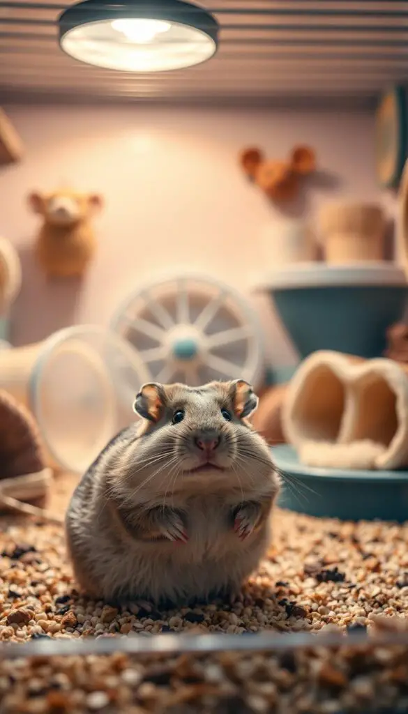 a highly detailed, realistic photograph of senior hamster care, showing an elderly hamster sitting in a cozy, well-equipped habitat. The hamster is in the foreground, occupying the central focus of the image. The environment is well-lit, with soft, warm lighting from above, creating a soothing, calming atmosphere. In the middle ground, there are various enrichment items such as a running wheel, tunnels, and hiding spots, all designed to accommodate the hamster's specific needs. The background depicts a clean, organized living space, with subtle decorative elements that complement the scene. The overall composition conveys a sense of care, comfort, and attention to the well-being of the senior hamster.