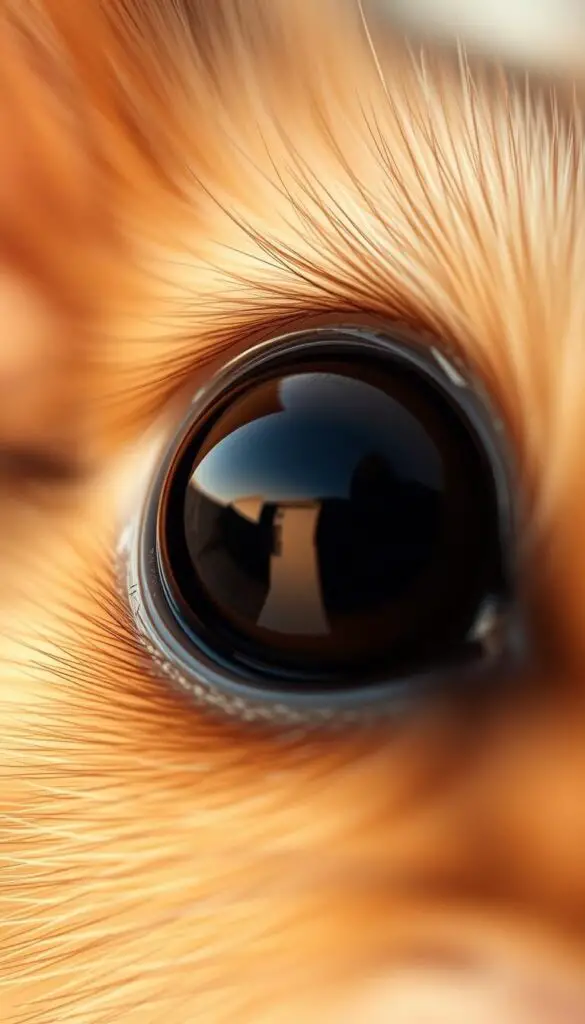 a hyper-realistic close-up view of a hamster's eye, showcasing its intricate structure and unique visual capabilities. The iris is prominently displayed, revealing the rodent's distinct dark-colored pupil surrounded by a hazel-brown iris. The lens is visible, providing a glimpse into the hamster's visual processing. The image is captured with a shallow depth of field, gently blurring the background to draw the viewer's attention to the mesmerizing details of the eye. Soft, warm lighting illuminates the scene, casting a gentle glow across the surface of the eye. The overall composition emphasizes the sense of scale, allowing the viewer to truly appreciate the intricacies of the hamster's visual system.