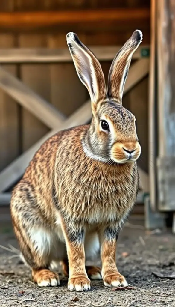 a photo of a historical meat fur rabbit breed, depicted in a realistic, detailed manner. the rabbit is shown in the foreground, standing alert with its long ears and large muscular body. the rabbit's dense, lustrous fur has a distinctive pattern of rich browns and tans. the middle ground features a rustic, rural setting with a wooden fence or barn in the background, conveying a sense of the rabbit's historical origins. the lighting is soft and natural, highlighting the rabbit's texture and form. the overall tone is one of reverence and appreciation for this unique and important breed of livestock.
