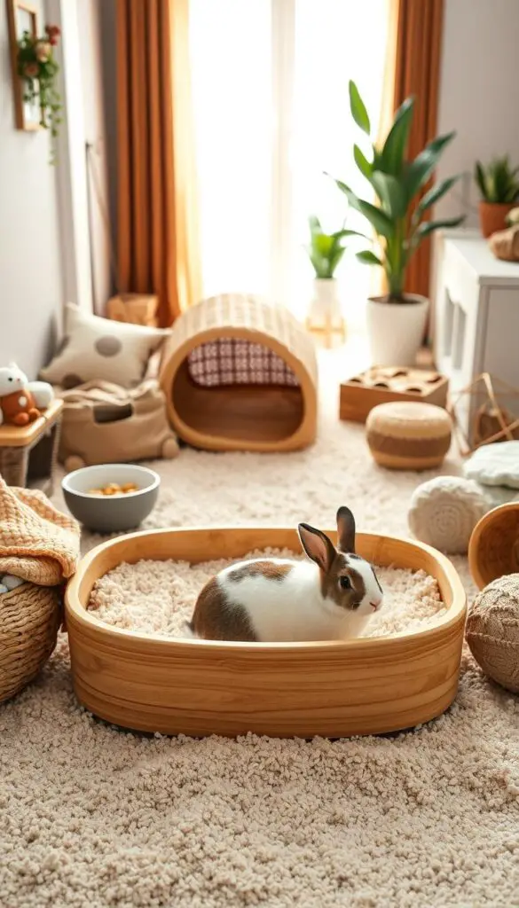 a well-organized, cozy rabbit litter box setup in a warm, inviting environment. the litter box is placed in the foreground, made of natural wood or wicker, filled with soft, absorbent litter. around it, plush bedding and toys create a comfortable, enriching space. the middle ground features bowls of fresh food and water, with a hideaway or tunnel for the rabbit to explore. the background shows a clean, brightly lit room with natural elements like plants or a window, exuding a sense of tranquility. the lighting is soft and diffused, highlighting the textural details. the overall scene conveys a safe, nurturing space that would encourage a rabbit's natural litter training behaviors.