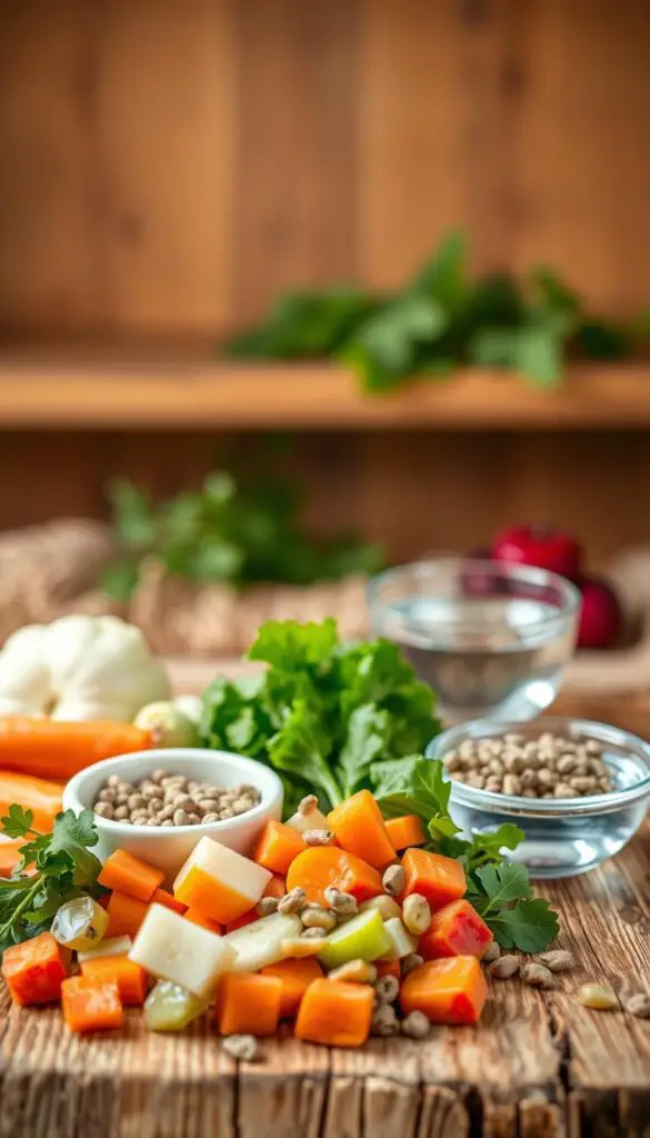 A cheerful, well-lit still-life scene showcasing the basic nutritional needs of a hamster. In the foreground, a selection of fresh, colorful vegetables and fruits, such as carrot slices, apple chunks, and leafy greens, artfully arranged on a rustic wooden surface. In the middle ground, a small ceramic bowl filled with high-quality hamster pellets, and a shallow dish of clean, sparkling water. The background features a soft, out-of-focus natural setting, perhaps a patch of lush greenery or a wooden shelf, conveying a sense of a healthy, nurturing environment. Crisp, even lighting from above, captured with a wide-angle lens, creates a warm, inviting atmosphere that highlights the vibrant colors and textures of the hamster's balanced diet.
