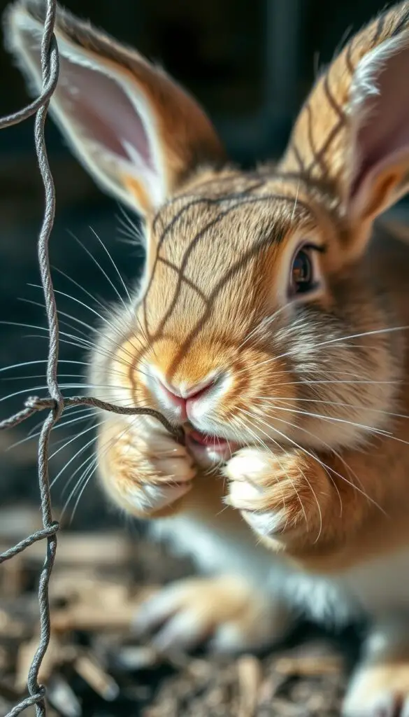 A close-up shot of a curious rabbit intently chewing through a section of sturdy chicken wire mesh, its sharp teeth working diligently to pierce through the thin metal strands. The rabbit's eyes are focused, its paws firmly grasping the wire as it leans in, creating a sense of determination and purpose. The lighting is soft and natural, casting gentle shadows that accentuate the texture of the wire and the rabbit's fur. The background is blurred, keeping the viewer's attention on the intense, central action unfolding. The overall atmosphere conveys the rabbit's unwavering determination to overcome the seemingly impenetrable barrier of the chicken wire. A close-up shot of a curious rabbit intently chewing through a section of sturdy chicken wire mesh, its sharp teeth working diligently to pierce through the thin metal strands. The rabbit's eyes are focused, its paws firmly grasping the wire as it leans in, creating a sense of determination and purpose. The lighting is soft and natural, casting gentle shadows that accentuate the texture of the wire and the rabbit's fur. The background is blurred, keeping the viewer's attention on the intense, central action unfolding. The overall atmosphere conveys the rabbit's unwavering determination to overcome the seemingly impenetrable barrier of the chicken wire.