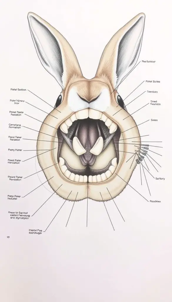 A detailed cross-sectional diagram of a rabbit's teeth anatomy, showcasing the incisors, molars, and intricate inner structures. The illustration is rendered in a clean, scientific style with muted tones, crisp lines, and accurate anatomical labels. Captured from a slightly angled perspective to provide depth and clarity, the image conveys a sense of technical precision and educational value, suitable for inclusion in a research-oriented article about rabbit chewing behavior. A detailed cross-sectional diagram of a rabbit's teeth anatomy, showcasing the incisors, molars, and intricate inner structures. The illustration is rendered in a clean, scientific style with muted tones, crisp lines, and accurate anatomical labels. Captured from a slightly angled perspective to provide depth and clarity, the image conveys a sense of technical precision and educational value, suitable for inclusion in a research-oriented article about rabbit chewing behavior.
