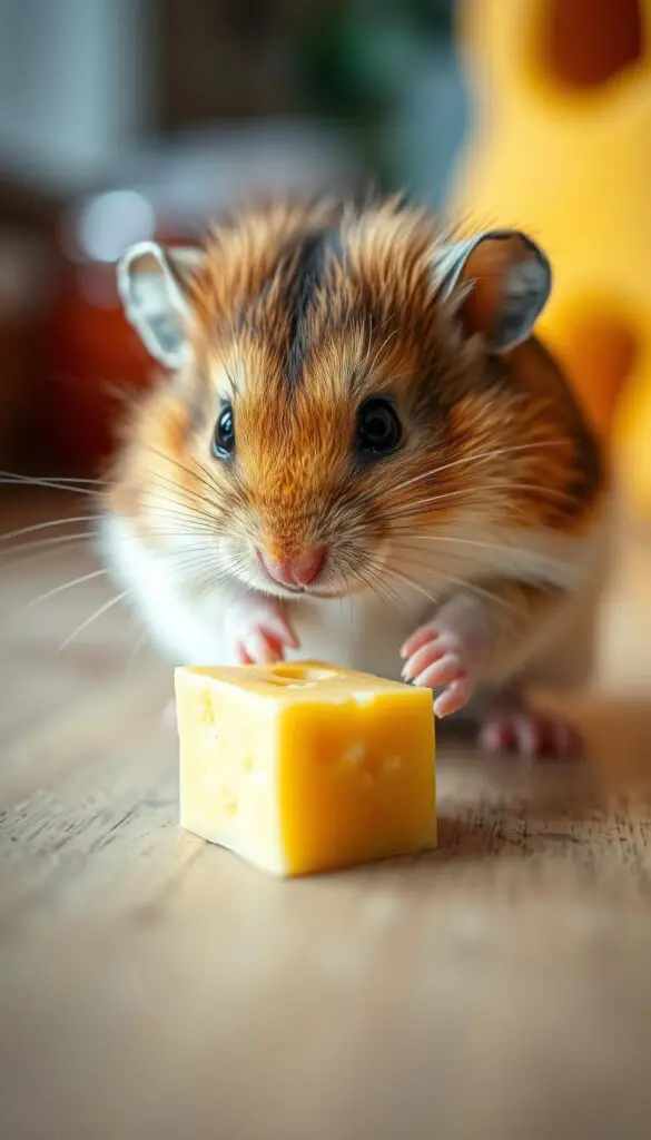 A furry hamster cautiously sniffs a cube of golden-hued cheese placed on a wooden surface, its dark eyes filled with curiosity. The scene is bathed in warm, natural lighting, captured with a shallow depth of field that gently blurs the background. The hamster's whiskers twitch as it leans in, its paws delicately exploring the new and enticing object. The image conveys a sense of discovery and the careful introduction of a novel food item into the hamster's diet, evoking the careful and deliberate process of safely incorporating cheese into a hamster's meal plan.