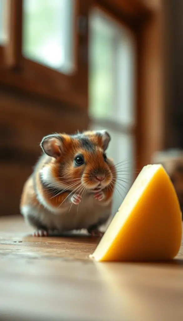 A hamster sitting on a wooden table, examining a wedge of cheese with a curious expression. The hamster's fur is glossy and well-groomed, and its eyes are bright and attentive. The cheese is positioned in the foreground, illuminated by soft, natural lighting filtering in from a window in the background. The background is slightly blurred, creating a sense of depth and focus on the hamster's interaction with the cheese. The overall scene conveys a sense of scientific inquiry and careful consideration of the potential benefits and risks of the hamster consuming the cheese.