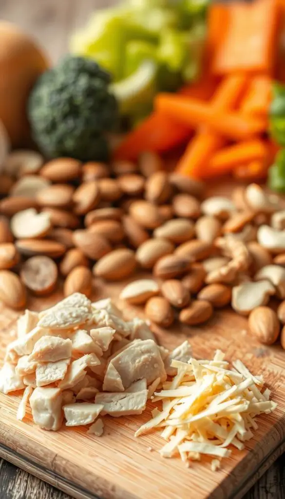 A neatly arranged still life showcasing various protein-rich foods suitable for hamsters, captured under warm, natural lighting and with a shallow depth of field. In the foreground, crisp pieces of cooked chicken and shredded cheese are delicately placed on a wooden cutting board. In the middle ground, a scattering of unsalted nuts, such as almonds and cashews, provide additional protein sources. The background features a selection of fresh vegetables, including sliced carrots and chopped broccoli, to represent a balanced, nutritious diet for the furry, rodent subject. The overall composition conveys the importance of providing high-quality protein and dairy options as part of a hamster's well-rounded, healthy meal plan.