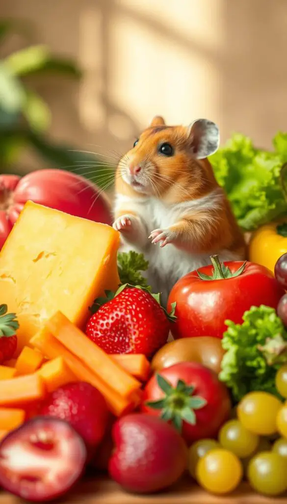 A vibrant still life arrangement featuring a friendly-looking hamster surrounded by an assortment of colorful fruits and vegetables. The hamster is sitting upright, its head tilted curiously as it examines a wedge of ripe, golden-hued cheese. In the foreground, a selection of crisp, fresh produce including sliced carrots, juicy strawberries, and crunchy lettuce leaves are arranged in a visually appealing manner. The middle ground showcases a few more whole fruits and veggies, such as a plump tomato, a bright-green bell pepper, and a bunch of grapes. The background is softly blurred, creating a cozy, intimate atmosphere. Warm, natural lighting casts a gentle glow over the scene, highlighting the textures and vibrant hues of the various elements. The overall composition conveys a sense of harmony and the potential for a healthy, balanced diet for the curious hamster.
