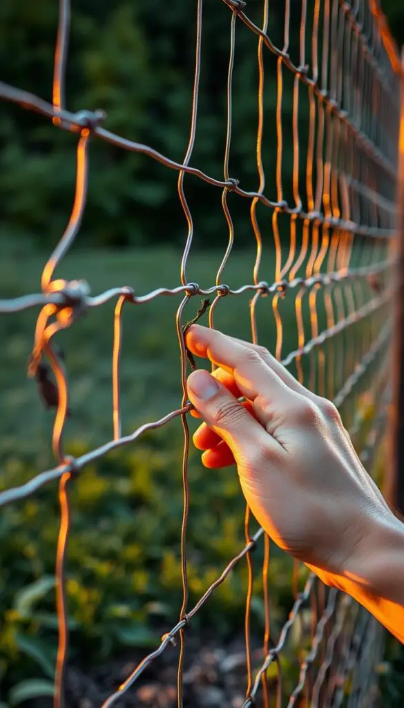 A weathered wire fence stretches across the frame, its metal strands illuminated by warm, directional lighting. In the foreground, a hand gently inspects the fence, searching for any signs of chew damage - nibbled wires, frayed edges, or small openings. The background features a lush, verdant landscape, hinting at the enclosure's environment. The scene conveys a sense of close, careful examination, highlighting the importance of regular fence inspections to maintain the integrity of a rabbit-proof barrier. A weathered wire fence stretches across the frame, its metal strands illuminated by warm, directional lighting. In the foreground, a hand gently inspects the fence, searching for any signs of chew damage - nibbled wires, frayed edges, or small openings. The background features a lush, verdant landscape, hinting at the enclosure's environment. The scene conveys a sense of close, careful examination, highlighting the importance of regular fence inspections to maintain the integrity of a rabbit-proof barrier.