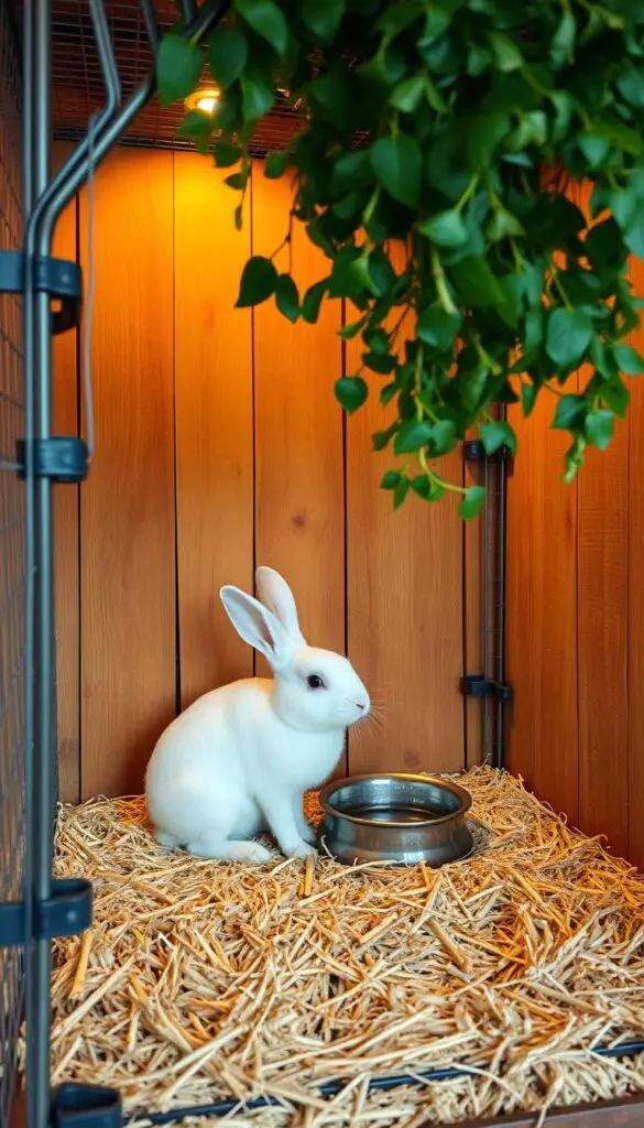 A well-designed rabbit-safe enclosure with a sturdy chicken wire frame, set against a warm-lit, rustic wooden backdrop. The enclosure features reinforced corners, overlapping wire panels, and secure entry points to prevent escape. Soft straw bedding covers the floor, and a small water bowl rests in the corner. Lush, leafy greens hang from the ceiling, creating a natural, enriching environment for the rabbit. The scene is bathed in gentle, golden-hued lighting, conveying a sense of coziness and safety. The overall composition suggests a thoughtfully crafted, rabbit-friendly space. A well-designed rabbit-safe enclosure with a sturdy chicken wire frame, set against a warm-lit, rustic wooden backdrop. The enclosure features reinforced corners, overlapping wire panels, and secure entry points to prevent escape. Soft straw bedding covers the floor, and a small water bowl rests in the corner. Lush, leafy greens hang from the ceiling, creating a natural, enriching environment for the rabbit. The scene is bathed in gentle, golden-hued lighting, conveying a sense of coziness and safety. The overall composition suggests a thoughtfully crafted, rabbit-friendly space.