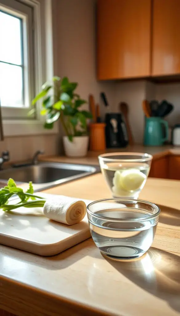 A cheerful, well-lit kitchen counter showcases a cutting board with a freshly washed, crunchy radish. Nearby, a small glass bowl filled with water stands ready to receive the sliced radish pieces. The scene is illuminated by soft, diffused natural lighting streaming in through a nearby window, casting a warm, inviting glow. In the background, a potted plant and some kitchen utensils hint at the cozy, domestic setting. The overall mood is one of simple, straightforward food preparation, suitable for a health-conscious hamster owner.