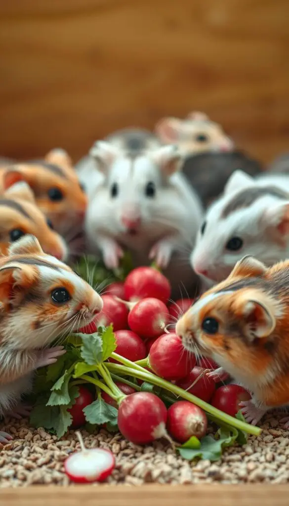 A close-up, hyper-realistic photograph of various hamster species examining a selection of fresh, vibrant radishes. The hamsters are arranged in the foreground, depicted with careful attention to their distinctive physical features and poses, creating an engaging and informative scientific illustration. The radishes are positioned in the middle ground, showcasing their unique shapes, colors, and textures. The background is softly blurred, maintaining focus on the central subjects. Warm, natural lighting illuminates the scene, capturing the delicate details and textures of the hamsters and radishes. The overall tone is one of scientific curiosity and educational insight, inviting the viewer to learn about the species-specific guidelines for feeding radishes to these beloved rodents.