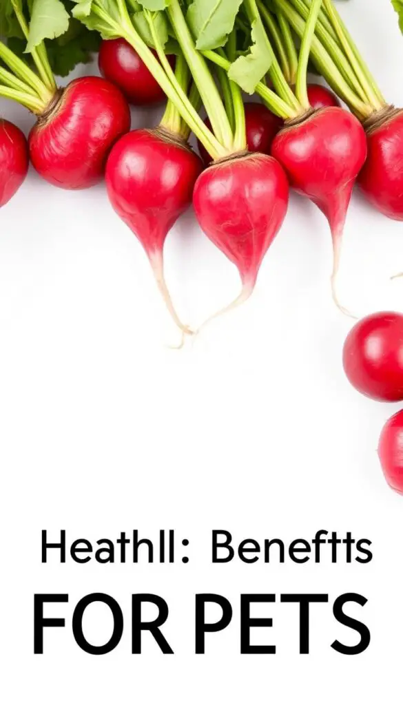 A crisp, close-up photograph of a selection of fresh, vibrant radishes against a clean, white background. The radishes are arranged in a visually appealing manner, showcasing their distinct shapes, textures, and deep red hues. Soft, natural lighting illuminates the scene, highlighting the radishes' glossy skin and bringing out their nutritional details. The image has a clean, minimalist aesthetic, allowing the radishes to be the sole focus, conveying their health benefits for pets in a clear, informative manner.