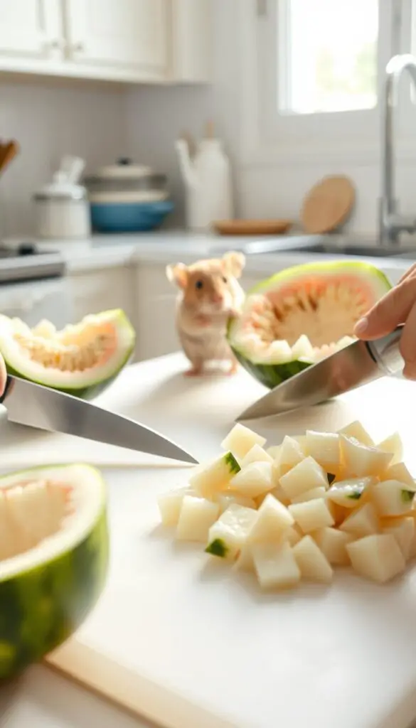 A bright, airy kitchen counter with a cutting board in the foreground. Ripe, green watermelon rind slices are being carefully trimmed and cubed with a sharp knife, exposing the soft, white inner portion. Delicate movements, mindful of preserving the rind's structure. In the middle ground, a small, curious hamster observes the preparation, its head tilted with interest. Soft, diffused natural lighting filters in from a window, casting a warm, inviting glow. The scene conveys a sense of thoughtful, gentle care in safely introducing this new food to the attentive hamster.