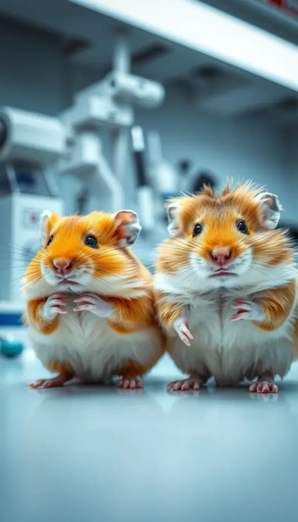 A close-up comparison of a healthy hamster and one suffering from influenza, captured in a clinical, scientific style. The foreground features the two hamsters side-by-side, one alert and vibrant, the other lethargic with ruffled fur and watery eyes. The middle ground showcases medical instruments and diagnostic tools, hinting at the examination process. The background is a sterile, well-lit laboratory environment, creating a sense of clinical detachment. Subtle yet distinct visual cues highlight the differences in the animals' respiratory function, energy levels, and overall wellness, guiding the viewer to understand the distinct nature of hamster and human flu.