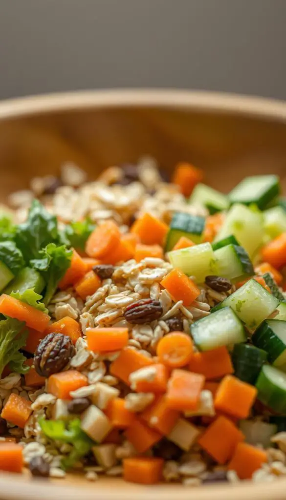 A close-up shot of a balanced hamster diet, captured in soft, natural lighting. In the foreground, a pile of fresh, crunchy vegetables - sliced carrot coins, crisp lettuce leaves, and diced cucumber. In the middle ground, a scattering of whole grains like oats and barley, along with a sprinkling of dried fruit and nuts. The background features a shallow wooden bowl, its warm tones complementing the vibrant colors of the food. The arrangement is visually appealing, conveying a sense of harmony and nourishment, suitable for a healthy hamster lifestyle.
