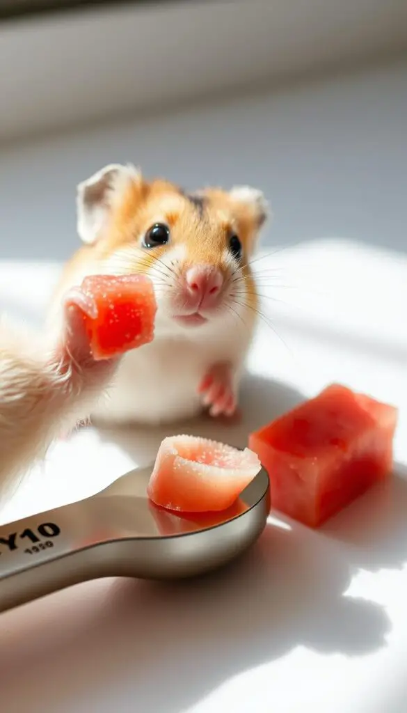 A close-up shot of a hamster's paw holding a small portion of watermelon rind. The rind is carefully measured and placed on a clean, white surface, illuminated by soft, natural lighting that casts gentle shadows. The hamster's expression is inquisitive, as if pondering the appropriate serving size. The image conveys a sense of balance, proportion, and the importance of proper nutrition for the hamster's well-being.