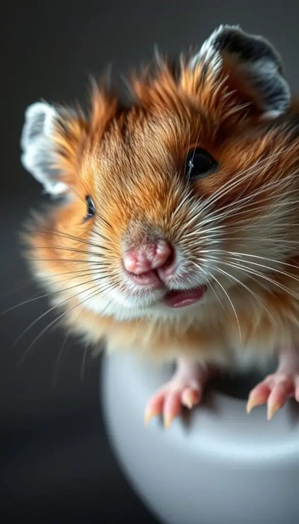 A close-up view of a hamster's head, showcasing its respiratory distress. The fur is disheveled, and the eyes appear strained, conveying a sense of discomfort. The nose and mouth are slightly open, revealing signs of congestion, as if the hamster is struggling to breathe. The lighting is soft and diffused, creating a somber, clinical atmosphere. The background is blurred, with muted tones that do not distract from the subject. The overall impression is one of concern and a desire to understand the hamster's medical condition.