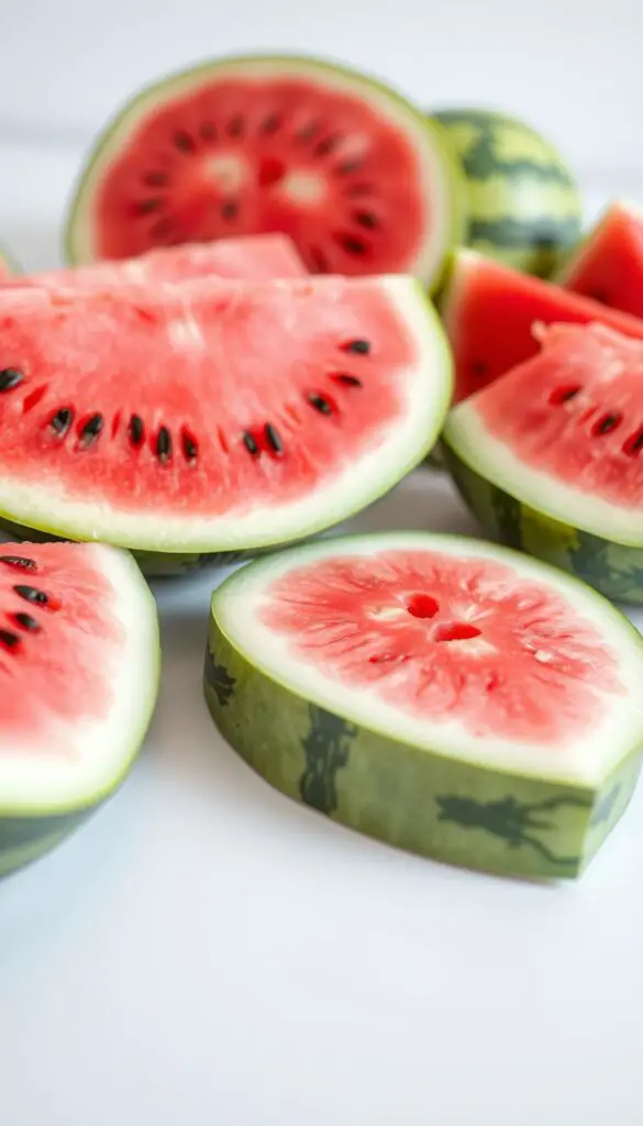 A close-up, well-lit still life scene showcasing the nutritional benefits of watermelon for small pets. In the foreground, a vibrant, freshly sliced watermelon wedge displays its juicy pink flesh and black seeds. Surrounding it are slices of the crisp, green watermelon rind, highlighting its high water content and B-vitamins. In the middle ground, some whole watermelon pieces are arranged, casting natural shadows. The background is a clean, neutral surface, allowing the subject to take center stage. The lighting is soft and diffused, accentuating the textures and colors of the watermelon components. The overall mood is fresh, appetizing, and informative, drawing the viewer's attention to the healthful qualities of this refreshing fruit for small animal companions.